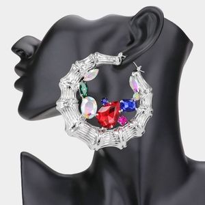 Silver Crystal Round Bamboo Doorknocker Hoop Earrings Trendy Fashion Accessory